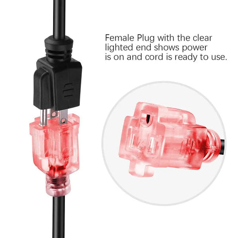 Short Power Extension Cord Outlet Saver With Lighted End 16AWG 13A 3 Prong Female Plug 8 Inch Black with lighted female plug
