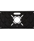 Rock Solid Router Table Insert Plate With Adjustable 62 By 70 Mm Hole Spacing top view showing black aluminum design and mounting holes.