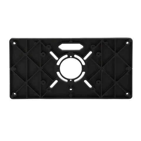Rock Solid Router Table Insert Plate With Adjustable 62 By 70 Mm Hole Spacing top view showing black aluminum design and mounting holes.