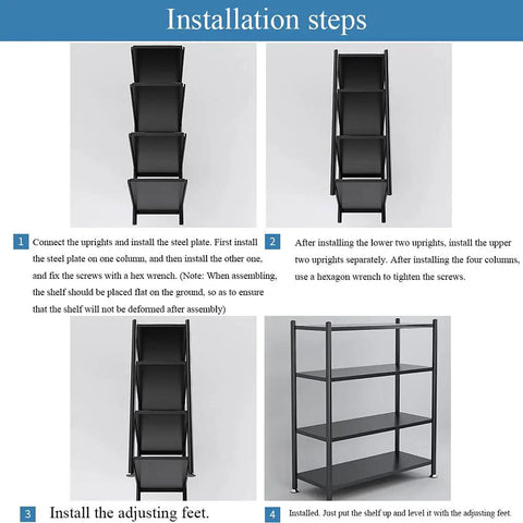 Installation steps for Badass Heavy Duty Carbon Steel 4 Tier Adjustable Storage Shelf Free Standing Metal Shelving Rack.