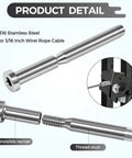 T316 Stainless Steel Invisible Cable Railing Kit With 3/16 Inch Cables And Swage Stud End Fittings For 2X2 Wood Or Metal Posts components