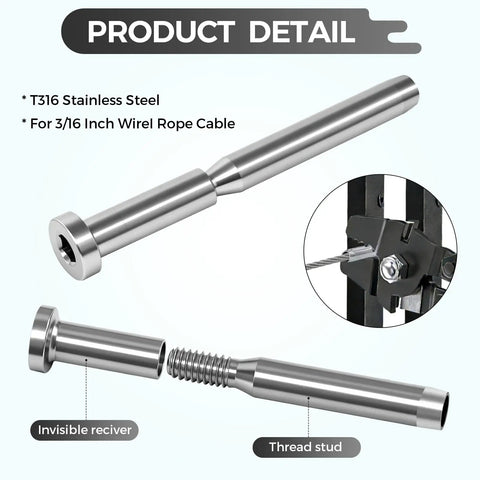 T316 Stainless Steel Invisible Cable Railing Kit With 3/16 Inch Cables And Swage Stud End Fittings For 2X2 Wood Or Metal Posts components