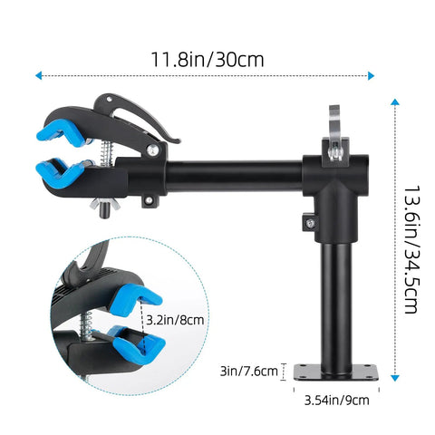 Wall Mounted Bike Repair Stand With Swivel Clamp, Easy Install, Bench Style Work Stand for road and mountain bikes.