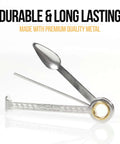 Front view of stainless steel 3-in-1 pipe tool with spoon tamper, poker and reamer