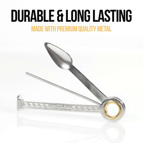 Front view of stainless steel 3-in-1 pipe tool with spoon tamper, poker and reamer