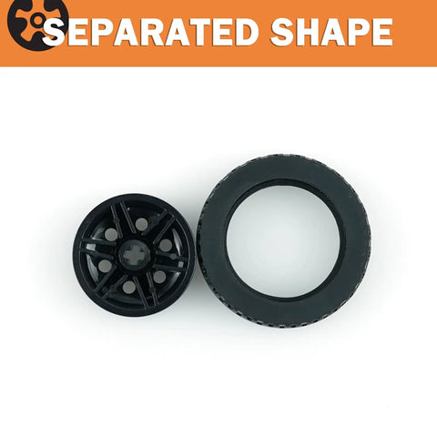 Four Piece Tech Wheels And Tires Set With 43.2x14mm Tires And 30x14mm Rims For RC Cars separated tire and rim view