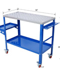 Beefy Welding Table 36 By 18 Inches Portable Steel Workbench 1200 Pound Load Capacity showing blue steel frame and tool tray.