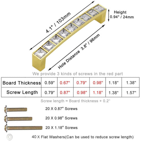 Gold U Shape Crystal Glass Cabinet Knobs Set, 10 Pack Sparkling Drawer Pulls For Cupboard Wardrobe Dresser, diagram with dimensions, screws, washers