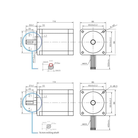 Bad Ass NEMA 34 Stepper Motor 86X114Mm 8Point7Nm 1240Ozin 6Amps 14Mm Key Shaft No Cap Heavy Power Build For Cnc Routers Mills Industrial Upgrades Smooth As Butter dimensions diagram with labeled measurements.