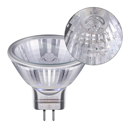 Close-up of MR11 12V Halogen Spotlight Bulbs 10 Pack GU4 Bi-Pin Base Glass Cover Warm White 2700K Dimmable 20W Narrow 30 Degree Beam
