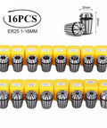 Precision ER20 And ER25 Spring Collet Chuck For CNC Milling set of 16 pieces 1-16mm with 65Mn steel construction.