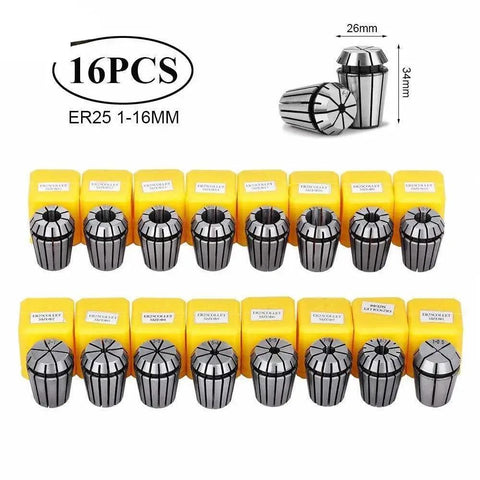 Precision ER20 And ER25 Spring Collet Chuck For CNC Milling set of 16 pieces 1-16mm with 65Mn steel construction.