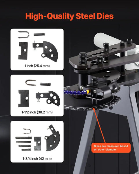 Beast Electric Tube Bender For Home Garage 750W Pipe Bending Machine with 6L Hydraulic Cylinder and 3 dies for various pipe sizes.