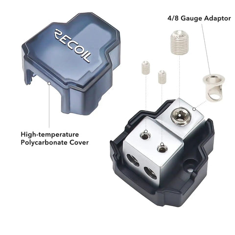 2 Way Mini Car Audio Power Distribution Block Ground Splitter 2 Pack, 4 to 8 Gauge In, 2x 8 to 10 Gauge Out, Brass Construction for Maximum Power Transfer, Marine Grade Satin Chrome Finish, High Temp Polycarbonate Base cover and 4/8 gauge adapter