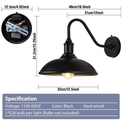 Diagram of Dusk to Dawn Exterior Barn Light With Gooseneck Design For Farmhouse Homes Outdoor; size dimensions and specifications shown.