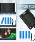 Adjustable AA Battery Power Supply Adapter For 2, 3, Or 4 AAs, Delivers 3V To 6V Output with blue dummy batteries shown