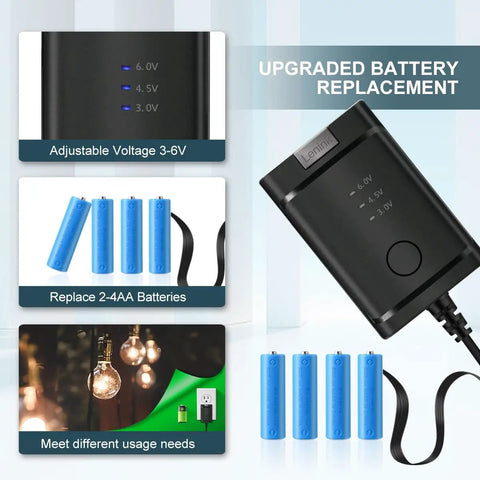 Adjustable AA Battery Power Supply Adapter For 2, 3, Or 4 AAs, Delivers 3V To 6V Output with blue dummy batteries shown