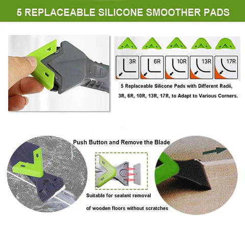 Five In One Caulk Remover Tool With Stainless Head For Silicone Sealant Removal And Grout Scraping, DIY Friendly Built In Cutter, Steel Needle, Triangular Scraper And Finishing Trowel For Bathroom Kitchen Window Sills