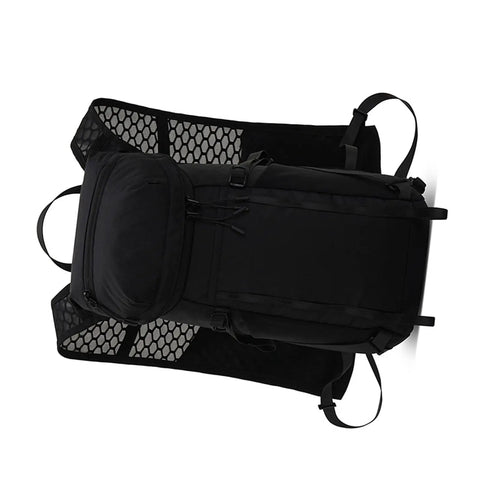 Hands Free Hydration Backpack With 2L Water Bladder, ultralight nylon, black, top view showing mesh details and straps.