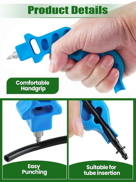 Hand using tool from All In One Drip Irrigation Kit With 2 In 1 Hole Punch And Hose Cutter 34 Pc Tool Set Including 16 Barbed Connectors