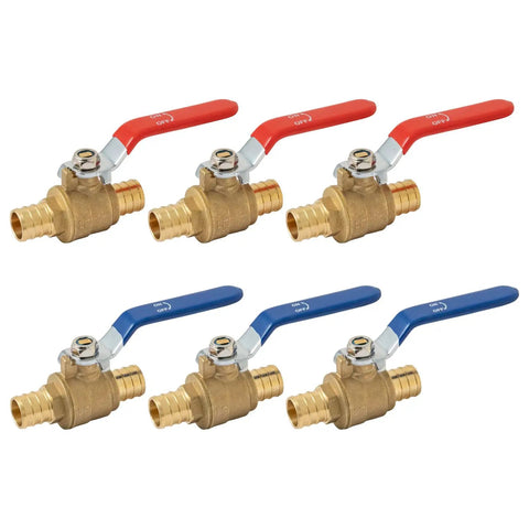 Six Pack Three Quarter Inch PEX Ball Valve Set Brass Full Port Quarter Turn Water Shut Off Valves For Hot And Cold Water With Crimp Fittings Lead Free UPC Certified Blue And Red Handles