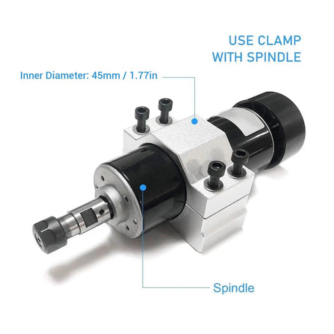 Dead Nuts Reliable 45Mm Spindle Clamp Motor Bracket For Cnc Routers showing 45mm aluminum clamp with black spindle and bolts.