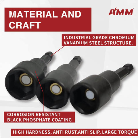 Magnetic Nut Driver Set With Chrome Vanadium Steel Twelve Piece Kit For Impact Drills, illustration showing black phosphate coating.