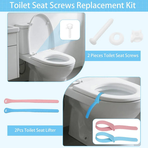 Heavy Duty Toilet Seat Screws Replacement Kit With Two Rapid Adjust Lifters And Heavy Plastic Bolts Nuts Washers on a toilet.