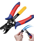 Must Have Air Line Removal Tool For Quarter Inch And Five Sixteenths Inch Push To Connect Fittings, Quick Release Pliers, red and blue handle
