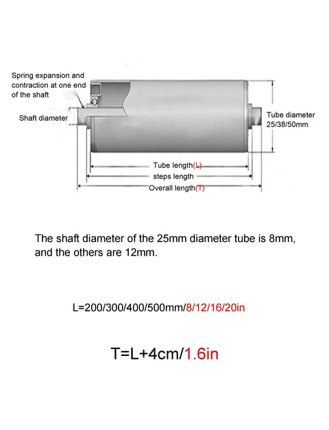 Unpowered Slide Conveyor Roller Set Stainless Steel Replacement Rollers In 1 Inch 1.5 Inch And 2 Inch Diameters Easy Install With Retractable Spring Bearings Low Noise For Factory Conveyors, dimension diagram
