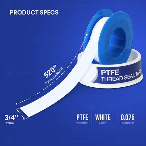 Leak Proof PTFE Thread Seal Tape Set Three Quarters Inch By Five Hundred Twenty Inches Ten Rolls High Density Plumbing Tape