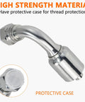Side view of silver hydraulic elbow fitting, 3/4 in JIC 37-degree female 90-degree elbow with protective cap