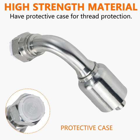 Side view of silver hydraulic elbow fitting, 3/4 in JIC 37-degree female 90-degree elbow with protective cap