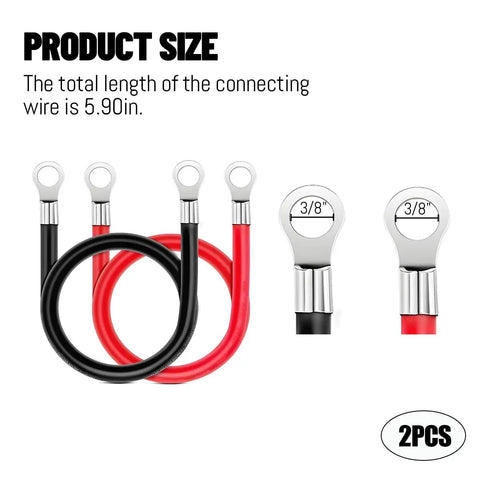 Top Shelf 2 Gauge Car Battery Cable 2 Pack Flexible Wiring Harness With Tight 3/8 Inch Ring Terminal For Rv Motorcycle And Auto Power Inverter Gear showing two cables with ring terminals.