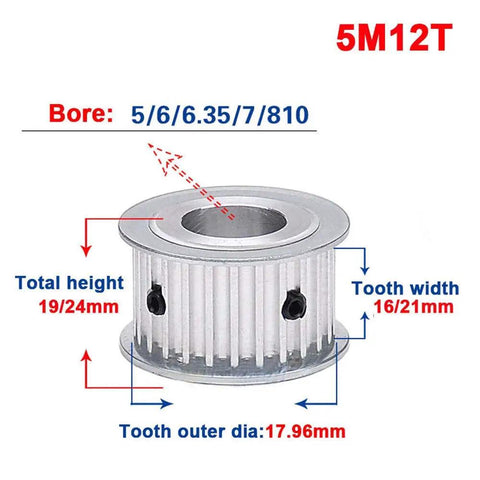 5M 12T Timing Belt Pulley With 5Mm Pitch And 10Mm Bore, 16Mm Wide Tooth For 15Mm Belts Or 21Mm Tooth Width For 20Mm Belts, Synchronous Wheel For Precise Belt Drive Systems, Arc Tooth Design, aluminum pulley dimensions