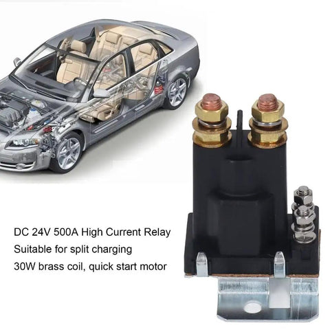 Badass 24V 500A High Current Relay Double Battery Isolator Brass Coil Auto Start Contactor For ATV Forklift Off Road Starting Systems with visible wiring.