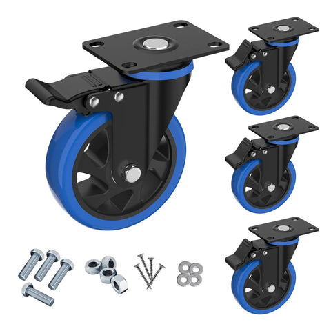 Four 5-inch blue swivel caster wheels with brakes and top-plate mounting for furniture or cabinets
