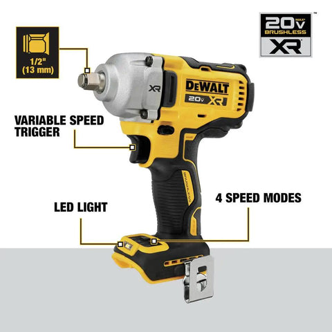 Heavy Hitter 20V Max Cordless Impact Wrench Half Inch Drive Bundle showing variable speed trigger and LED light features.
