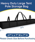 Black Heavy-Duty Large Tent Pole Storage Bag with dimensions 67"L x 7"W x 7"H displayed against a blue background.