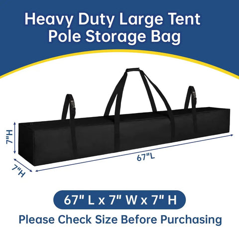 Black Heavy-Duty Large Tent Pole Storage Bag with dimensions 67"L x 7"W x 7"H displayed against a blue background.