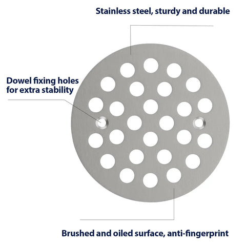 Top Shelf 4.25 Inch Round Shower Drain Cover forged from heavy duty 304 stainless steel with dowel fixing holes.