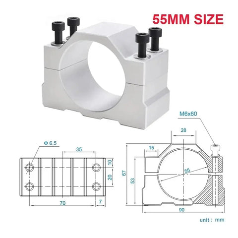 Heavy Duty CNC Spindle Clamp Made From Machined Aluminum Fits 45 52 55 Or 65Mm Round Motor Housing with 55mm size, top view.