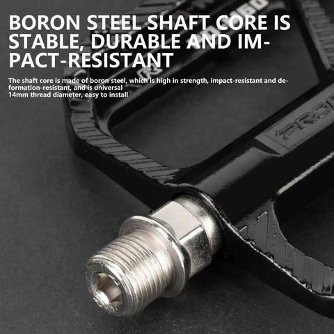 Nine Sixteenth Inch MTB Bike Pedals With Sealed Bearings, Aluminum Alloy Flat Pedals close-up of pedal shaft and anti-slip surface