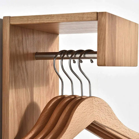 Heavy Duty Solid Wood Wall Mounted Coat Rack With Reinforced Metal Hooks, featuring wooden hangers and a metal rod for organized storage.