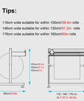Heavy Duty Wrapping Paper Dispenser With Snap Cut Blade And Hella Sturdy Packing Station dimensions for various roll sizes.