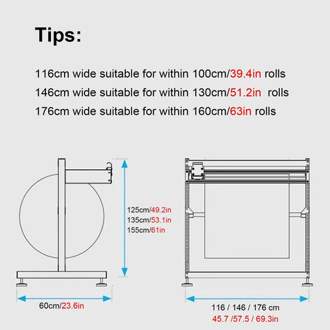 Heavy Duty Wrapping Paper Dispenser With Snap Cut Blade And Hella Sturdy Packing Station dimensions for various roll sizes.