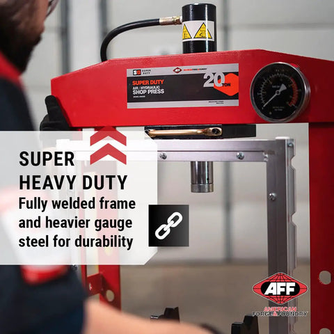 20 Ton Hydraulic Shop Press With Dual Air Motor And 7 Position Bed Height Polycarbonate Shield, close-up on welded frame