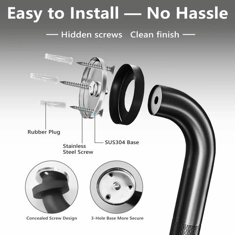 Rock Solid 16 Inch Wall Mount Handrail Matte Black Steel Pipe Grab Bar assembly parts with hidden screws and secure base design.