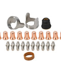 Premium 24 Piece Plasma Cutter Consumables Kit For IPT60 And PT60 Torch with copper hafnium nozzles and electrodes arranged on a flat surface.