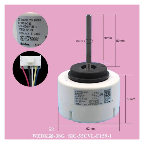 310V DC Brushless Fan Motor For Air Conditioners WZDK58-38G 8-Pole 58W Replacement Part dimensions and connectors